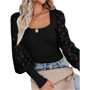 imageLYANER Womens Square Neck Blouse Sheer Mesh Lantern Sleeve Polka Dot Knit Business Casual Tops ShirtsSolid Black