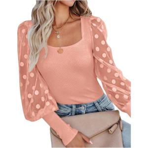 imageLYANER Womens Square Neck Blouse Sheer Mesh Lantern Sleeve Polka Dot Knit Business Casual Tops ShirtsSolid Pink