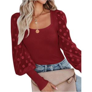 imageLYANER Womens Square Neck Blouse Sheer Mesh Lantern Sleeve Polka Dot Knit Business Casual Tops ShirtsWine Red