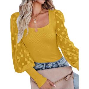 imageLYANER Womens Square Neck Blouse Sheer Mesh Lantern Sleeve Polka Dot Knit Business Casual Tops ShirtsYellow