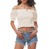 imageLYANER Womens Off Shoulder Shirred Short Sleeve Crop Blouse Tee TopBeige