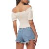 imageLYANER Womens Off Shoulder Shirred Short Sleeve Crop Blouse Tee TopBeige