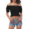 imageLYANER Womens Off Shoulder Shirred Short Sleeve Crop Blouse Tee TopBlack