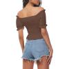 imageLYANER Womens Off Shoulder Shirred Short Sleeve Crop Blouse Tee TopBrown
