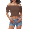 imageLYANER Womens Off Shoulder Shirred Short Sleeve Crop Blouse Tee TopBrown