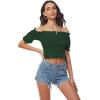 imageLYANER Womens Off Shoulder Shirred Short Sleeve Crop Blouse Tee TopDark Green