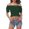 imageLYANER Womens Off Shoulder Shirred Short Sleeve Crop Blouse Tee TopDark Green