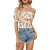 imageLYANER Womens Off Shoulder Shirred Short Sleeve Crop Blouse Tee TopFloral Orange