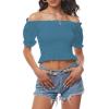 imageLYANER Womens Off Shoulder Shirred Short Sleeve Crop Blouse Tee TopLake Blue
