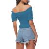 imageLYANER Womens Off Shoulder Shirred Short Sleeve Crop Blouse Tee TopLake Blue