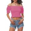 imageLYANER Womens Off Shoulder Shirred Short Sleeve Crop Blouse Tee TopPink