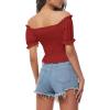imageLYANER Womens Off Shoulder Shirred Short Sleeve Crop Blouse Tee TopRed