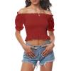imageLYANER Womens Off Shoulder Shirred Short Sleeve Crop Blouse Tee TopRed