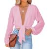 imageLYANER Womens Deep V Neck Tie Front Knot Long Sleeve Sexy Wrap Crop Top Blouse Pink XLarge