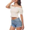 imageLYANER Womens Off Shoulder Shirred Short Sleeve Crop Blouse Tee TopBeige