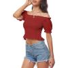 imageLYANER Womens Off Shoulder Shirred Short Sleeve Crop Blouse Tee TopRed