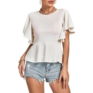 imageLYANER Womens Elegant Crewneck Ruffle Short Sleeve Blouse Shirt Peplum TopBeige