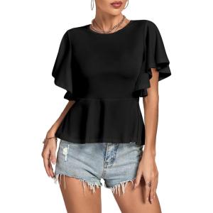 imageLYANER Womens Elegant Crewneck Ruffle Short Sleeve Blouse Shirt Peplum TopBlack