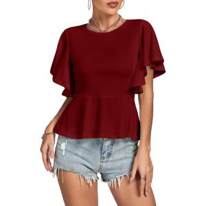 imageLYANER Womens Elegant Crewneck Ruffle Short Sleeve Blouse Shirt Peplum TopBurgundy