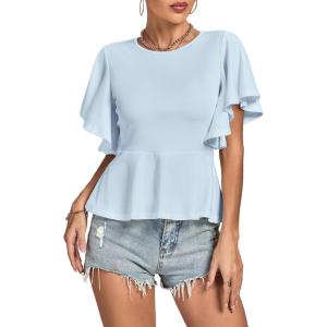 imageLYANER Womens Elegant Crewneck Ruffle Short Sleeve Blouse Shirt Peplum TopLight Blue
