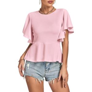 imageLYANER Womens Elegant Crewneck Ruffle Short Sleeve Blouse Shirt Peplum TopLight Pink