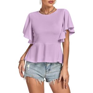 imageLYANER Womens Elegant Crewneck Ruffle Short Sleeve Blouse Shirt Peplum TopLight Purple