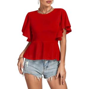 imageLYANER Womens Elegant Crewneck Ruffle Short Sleeve Blouse Shirt Peplum TopRed