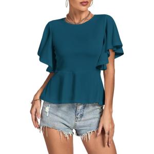 imageLYANER Womens Elegant Crewneck Ruffle Short Sleeve Blouse Shirt Peplum TopTeal Blue