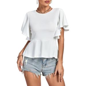 imageLYANER Womens Elegant Crewneck Ruffle Short Sleeve Blouse Shirt Peplum TopWhite