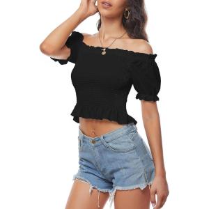 imageLYANER Womens Off Shoulder Shirred Short Sleeve Crop Blouse Tee TopBlack