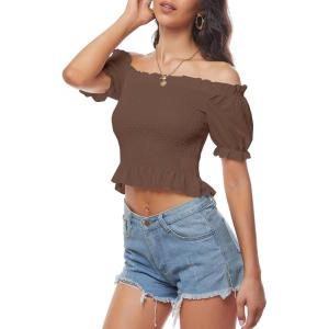 imageLYANER Womens Off Shoulder Shirred Short Sleeve Crop Blouse Tee TopBrown