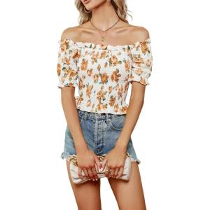 imageLYANER Womens Off Shoulder Shirred Short Sleeve Crop Blouse Tee TopFloral Orange
