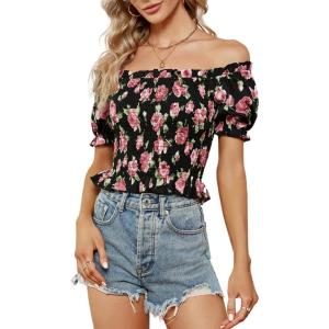 imageLYANER Womens Off Shoulder Shirred Short Sleeve Crop Blouse Tee TopFloral Pink