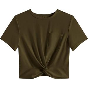 imageLYANER Womens Short Sleeve Twist Front Crop Tops Tee TShirt with PocketArmy Green