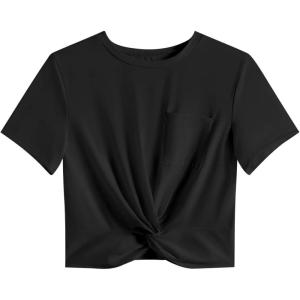 imageLYANER Womens Short Sleeve Twist Front Crop Tops Tee TShirt with PocketBlack