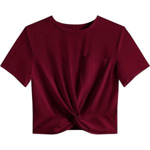 imageLYANER Womens Short Sleeve Twist Front Crop Tops Tee TShirt with PocketBurgundy