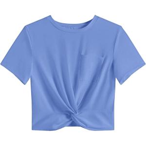 imageLYANER Womens Short Sleeve Twist Front Crop Tops Tee TShirt with PocketLight Blue