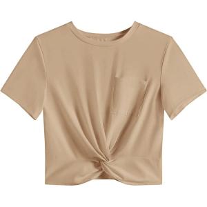 imageLYANER Womens Short Sleeve Twist Front Crop Tops Tee TShirt with PocketLight Khaki