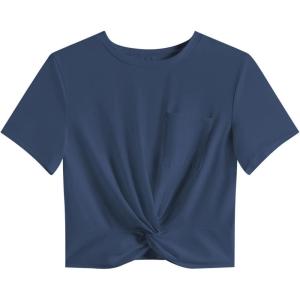 imageLYANER Womens Short Sleeve Twist Front Crop Tops Tee TShirt with PocketNavy Blue