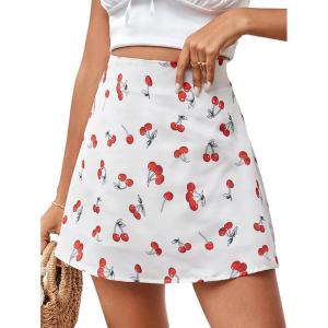 imageLYANER Womens Casual Floral Print Satin Silk High Waist Zipper Mini Short SkirtCherry White