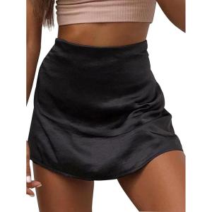 imageLYANER Womens Casual Floral Print Satin Silk High Waist Zipper Mini Short SkirtSolid Black