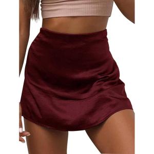 imageLYANER Womens Casual Floral Print Satin Silk High Waist Zipper Mini Short SkirtSolid Burgundy