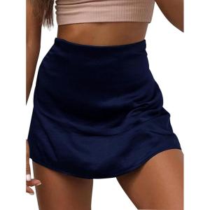 imageLYANER Womens Casual Floral Print Satin Silk High Waist Zipper Mini Short SkirtSolid Navy