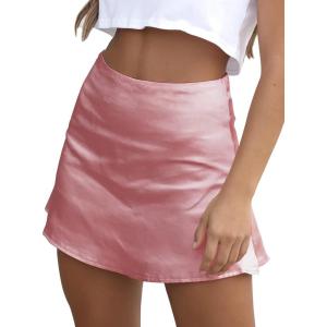 imageLYANER Womens Casual Floral Print Satin Silk High Waist Zipper Mini Short SkirtSolid Pink