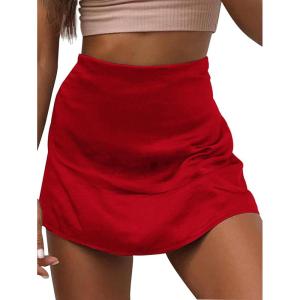 imageLYANER Womens Casual Floral Print Satin Silk High Waist Zipper Mini Short SkirtSolid Red