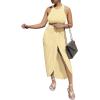 imageLYANER Womens 2 Piece Outfits Sleeveless Tank Crop Top and Wrap Split Slit Ruched Bodycon Midi SkirtBeige