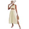 imageLYANER Womens 2 Piece Outfits Sleeveless Tank Crop Top and Wrap Split Slit Ruched Bodycon Midi SkirtBeige