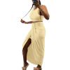 imageLYANER Womens 2 Piece Outfits Sleeveless Tank Crop Top and Wrap Split Slit Ruched Bodycon Midi SkirtBeige