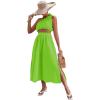imageLYANER Womens 2 Piece Outfits Sleeveless Tank Crop Top and Wrap Split Slit Ruched Bodycon Midi SkirtBright Green
