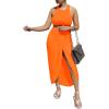 imageLYANER Womens 2 Piece Outfits Sleeveless Tank Crop Top and Wrap Split Slit Ruched Bodycon Midi SkirtBright Orange